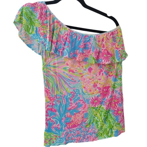 Lilly Pulitzer Floral One Shoulder Ruffle Top Womens Small Coral Beach Vacation - Picture 2 of 7